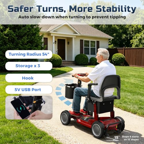 Image of Lightweight Mobility Scooter for Seniors & Adults - Airline & Cruise Approved, 45lb Portable Motorized Scooters with Dual Battery for 24.8 Miles Range, Pneumatic Tires, 330lb Capacity, Red