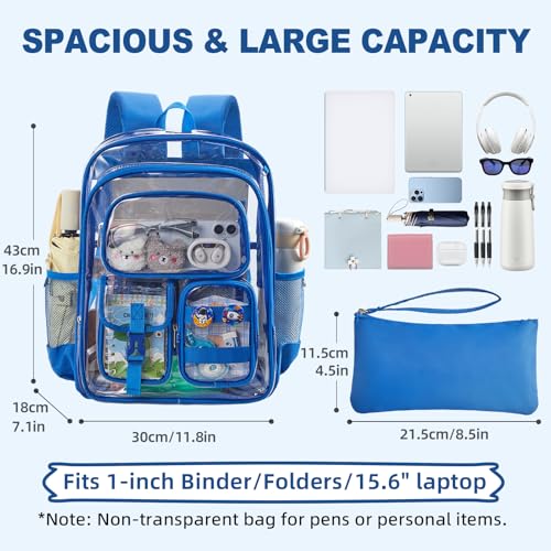 Image of Clear Bookbag with Chest Strap, 17 inch Heavy Duty See Through Backpack with Anti-theft Hook & S-shaped Shouler Straps, Large Clear Bags for Work Sport School Travel