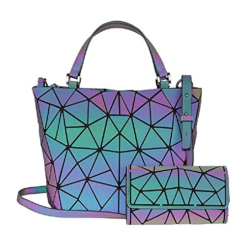 Qingmei Femmes poignée sacs géométriques sac lumineux Sacs à main en cuir PU et sacs à main des femmes Sac à bandoulière sac à main holographique éco (3136 M+Wallet)