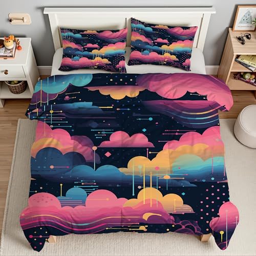 パウダーブルーの雲 掛け布団カバー クイーン、マイクロファイバー掛け布団カバー3点セット、抽象的な模様 寝具、 柔らかい 通気性、肌に優しい 、洗い替え四季通用 洋式・和式兼用 。(210x210cm+2 枕カバー 43x63 cm)