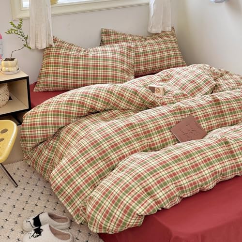 DREAMINGO Juego de funda de edredón a cuadros rojos y verdes, tamaño individual XL, de gasa de algodón de doble capa, suave, transpirable, con cremallera y lazos, decoración estética de dormitorio