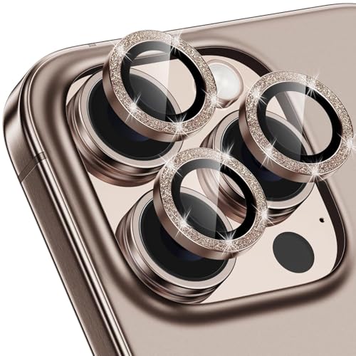 Choiche Compatible for iPhone 16 Pro/iPhone 16 Pro Max Camera Lens Protector Bling, 9H Tempered Glass Camera Cover Screen Protector Metal Ring Decoration Accessories (Glitter-Brown)