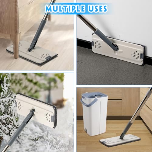Mop-and-Bucket-with-Wringer-Set-Hands-Free-White-Flat-Squeeze-Mop-Bucket-Set-for-Floor-Cleaning-and-Wall-Cleaner-with-Long-Handle-with-2-Reusable-Microfiber-Pads