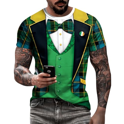 Image of Eciodci Men's St Patricks Day T-Shirts Novelty 3D Printed Shamrock Tuxedo Tees Shirt Clover Leaves Casual Short Sleeve Shirts
