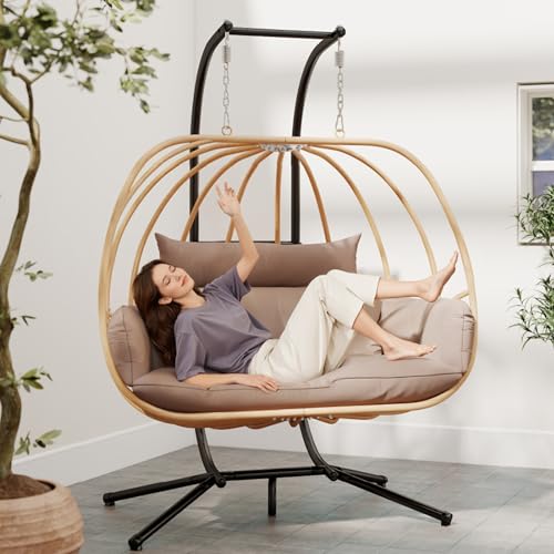 DAYARUS Double Egg Chair Outdoor, Egg Swing Chair with Stand, Hanging Egg Chair Outdoor with Cushions/Headrest, 80