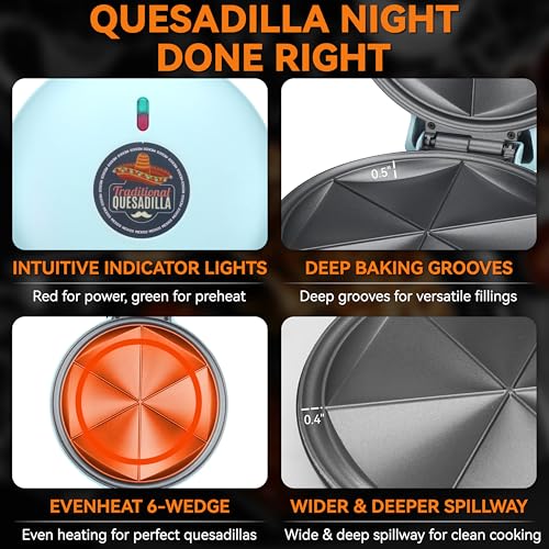 Image of Baker's Friend Electric Quesadilla Maker with Extra Stuffing Design, 9.5 Inch with Easy Slice 6 Wedge, Non Stick Surface, Non-Slip Feet, Grilled Cheese Maker Machine, Aqua