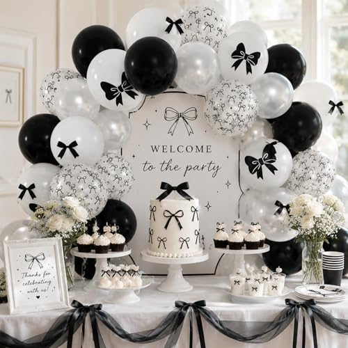 Image of Bow Balloons, 60Pcs Black Bows Balloon, 12 Inch Latex Black and White Bow Printed Balloons with Cute Bows Ribbons for Women Girls Birthday Party Baby Shower Bridal Shower Bow Theme Party Decorations