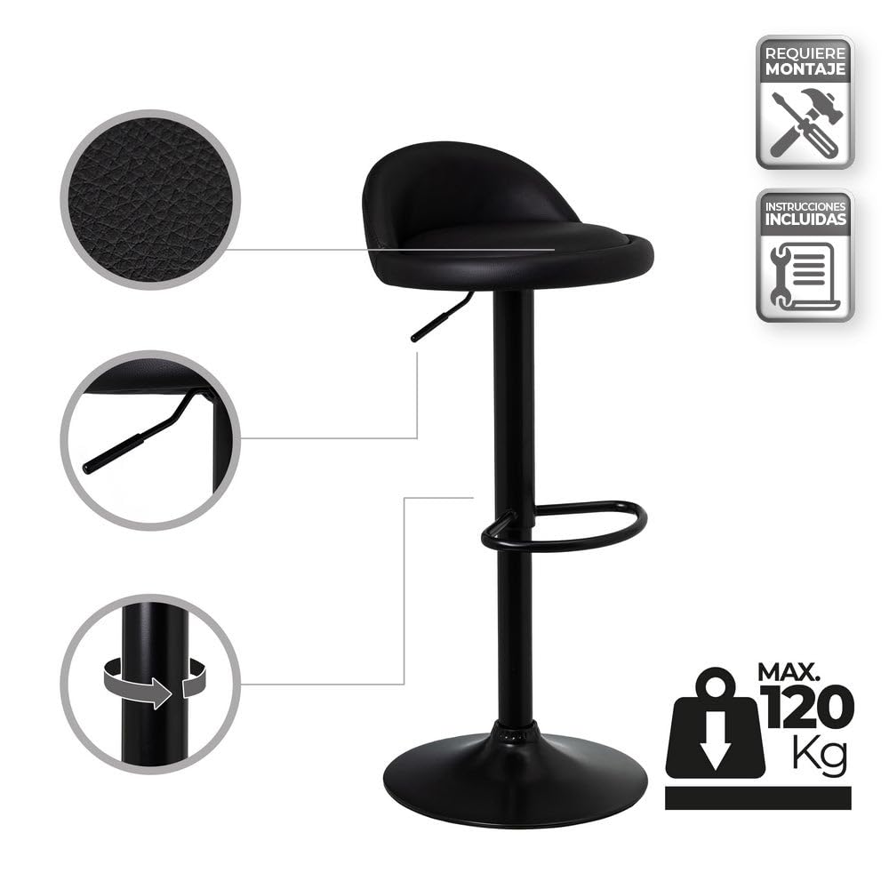 Taburete alto de cocina regulable en altura negro con respaldo bajo | Asiento redondo y respaldo bajo acolchados y tapizados en polipiel. Altura ajustable de 72 a 92 cm. Resiste hasta 120 kg