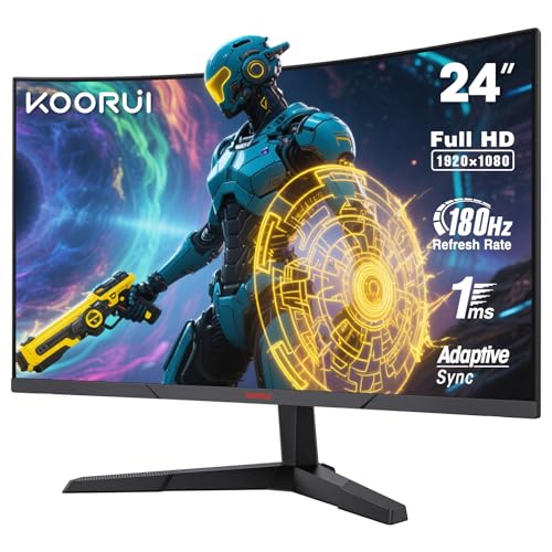 Image of KOORUI 24 Inch Curved Gaming Monitor 180Hz 1ms,FHD 1080p 1500R Curved Display with Adaptive Sync,99% sRGB,HDR10,Eye Care,VESA Compatible,HDMI2.0X2 &DP1.2,Tilt Adjustable,Black