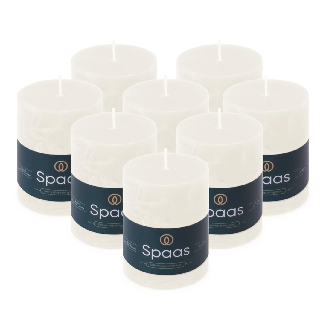 Spaas 8 Unscented Rustic Pillar Candles, 70/95mm, ± 35 Hours, White