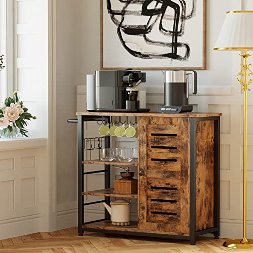 Ironck Storage Cabinet With Charging Station And Wheels, 31.5" Kitchen Cart Cabinet With Shelves, Removable Cart Handle Cup Hook, Cupboard For Kitchen, Living Room, Industrial, Vintage Brown #TOP6