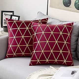 MIULEE Velvet Cushion Cover Gilded Throw Pillow Covers with Gold Lines Triangle Pattern Square Decorative Soft Home for Sofa Living Room Bedroom Wine Red 18 x 18 Inch 45 x 45 cm Pack of 2