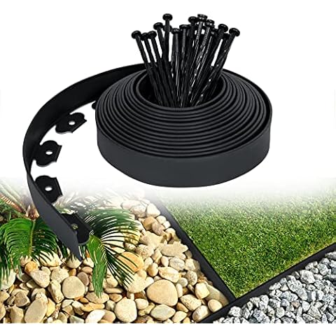 LZQ Lawn Edging Plastic Flexible Flower Bed Border with 60 Fixing Nails for Gardens, Grass and Stone Separation, 20 m Long, Black Cover