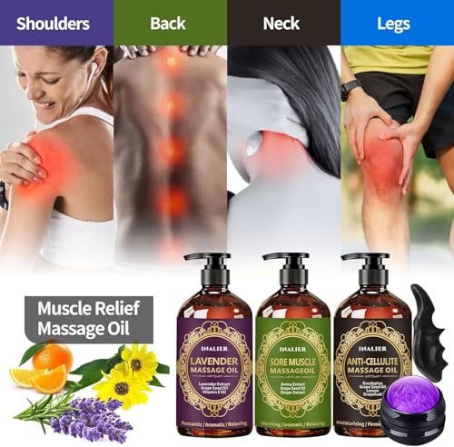 Image of Massage Oil for Massage Therapy,3 Pack Cellulite Massage Oil,Sore Muscle Arnica Oil & Lavender Massage Body Oil with Massage Ball & Thumb Saver Tool,Mens Gifts,Birthday Gifts for Women and Men