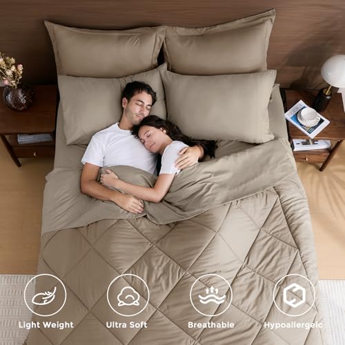 HEVUMYI Khaki & Linen King Comforter Set - 7-Piece All Season Bed in a Bag King, Ultra Soft Bedding Set with Comforter, Flat Sheet, Fitted Sheet, Pillowcases, Pillow Shams