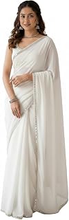 Indian Fashionista Women's Plain Georgette Sarees For Girls College Farewell & Mirror Work Lace Border & Unstitched Blouse... Price In India