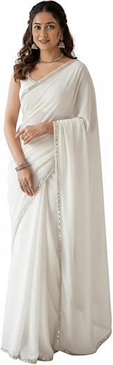 Indian Fashionista Women's Plain Georgette Sarees For Girls College Farewell &amp; Mirror Work Lace Border &amp; Unstitched Blouse...