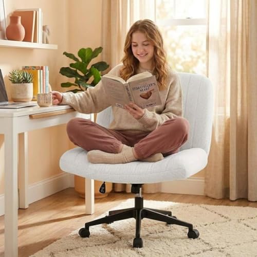 Criss Cross Chair with Wheels Wide Cross Legged Cute Office Desk Comfy Vanity Makeup Chair Fabric Height Adjustable Swivel for Home Computer Task, White