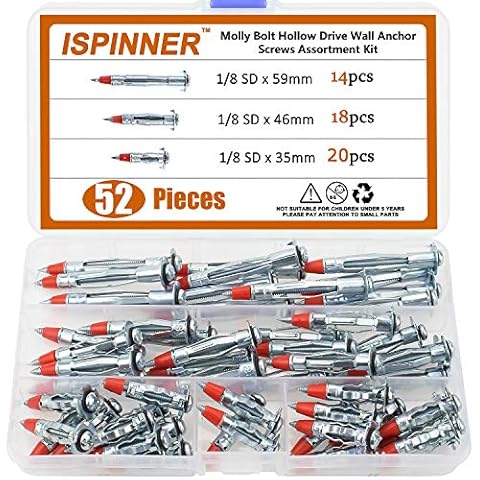 ISPINNER 52pcs Zinc Plated Steel Hollow Wall Drive Anchor Screws Assortment Kit for Drywall 35mm 46mm 59mm Cover