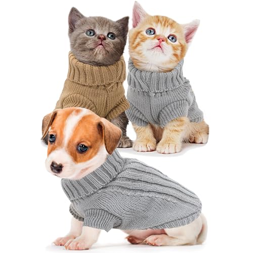Hundepullover für kleine Hunde, Hundepullover, Herbstkleidung, Winter-Strickwaren, Warmer Welpenpullover, niedlicher Chihuahua-Yorkie-Haustierkleidung, XXS, Braun + Grau, 2er-Pack