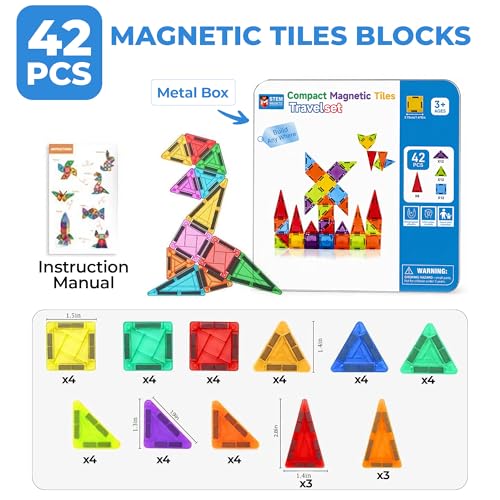 Image of Kidology Magnetic Tiles for Kids (42 PCS) | Travel Set STEM Building Blocks | Educational Construction Toys for 3 4 5 Years | Colorful Blocks for Creative Play & Imaginative Learning (Multicolor)