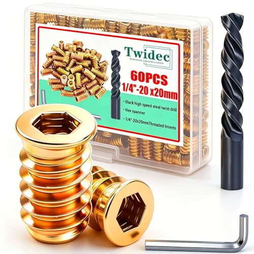 Twidec/60PCS 1/4"-20 Threaded Inserts for Wood Furniture Screw-in Nut Wood Inserts Bolt Assortment Kit with M6 Hex Wrench (1/4"-20 x20mm) N-059-1/4x20