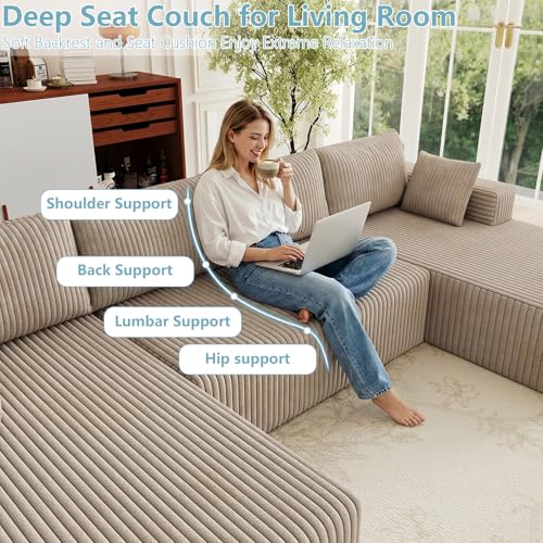 Image of 124 inch Cloud Sectional Couch,Modern U-Shaped Boneless Couch with Deep Seat,Comfy Corduroy Sofa,Memory Foam Sofa for Living Room,No Assembly Required (Camel)
