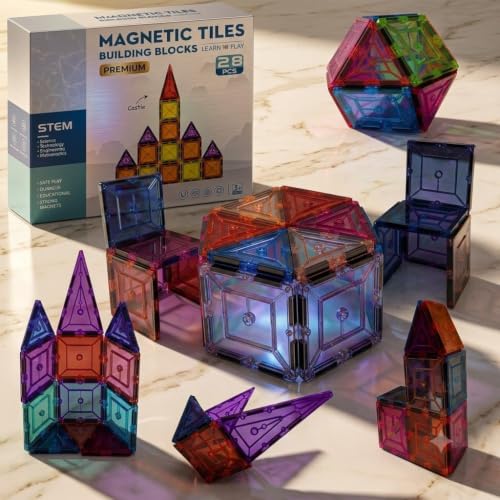 Image of Royals hub Diamond Shaped Magnetic Tiles Blocks, Magic Magnetic Building Blocks for Kids, Preschool Learning Sensory Montessori Constructing & Creative Learning Educational Toy (28 Pcs Tiles)