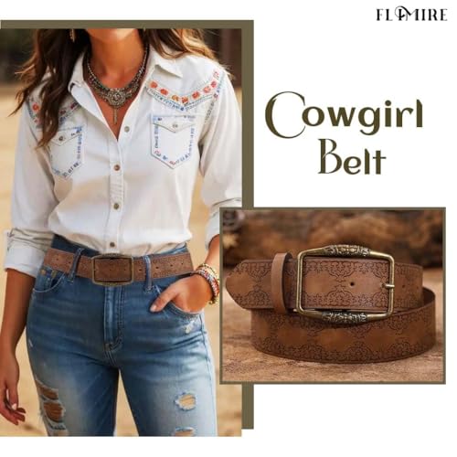 Women Western Belt Vintage Metal Buckle Leather Belts Country Cowboy Cowgirl Belt for Jeans Pant Dress4