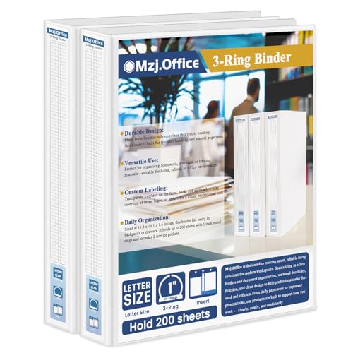 Mzj.Office 3 Ring Binder 1 inch 2 Pack 1 Binders 3 Ring with Clear View Front Pocket Holds 200 Sheets Round Rings for US Letter Paper School & Office Supplies.