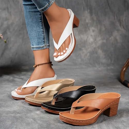PRXD Women'S Solid Color Summer Chunky Heel Sandals, Slip On Open Toe Square Toe, Comfortable Heeled Sandals Mules, Women Comfortable Arch Support Wedges Flip Flops4