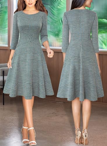 Image of VFSHOW Womens Work Business Front Zipper A-Line Dresses 3 /4 Sleeve Office Church Fit and Flare Skater Swing Knee Length Dress