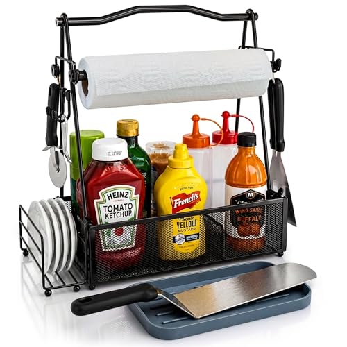 Grill Caddy for Outdoor Kitchen - Foldable Picnic Caddy for BBQ Accessories - Versatile Outdoor Kitchen Accessories Basket with Paper Roll Holder, Hooks & Compartments