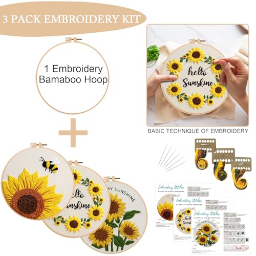 Image of Nuberlic Sunflower Embroidery Kit 3 Pack Embroidery Kits for Adults Beginners Starter Cross Stitch Kit Set with Sunflower Floral Designs - Perfect DIY Gift