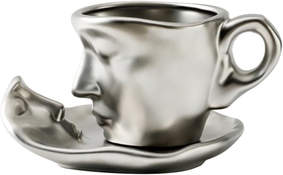 Abstract art teacup kissing lover stereo face sculpture coffee cup, 260ml ceramic coffee cup saucer(8.8oz)