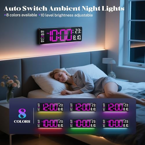 Image of Digital Wall Clocks,16 inch Large Display LED Digital Clock with Remote Control,LED Wall Clock with 8 RGB Color Night Light,Alarm,Date,Week,Temp,DST for Living Room & Office