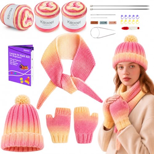 Knitting Kit for Beginners, Complete Starter Kit for Scarf, Hat, Gloves