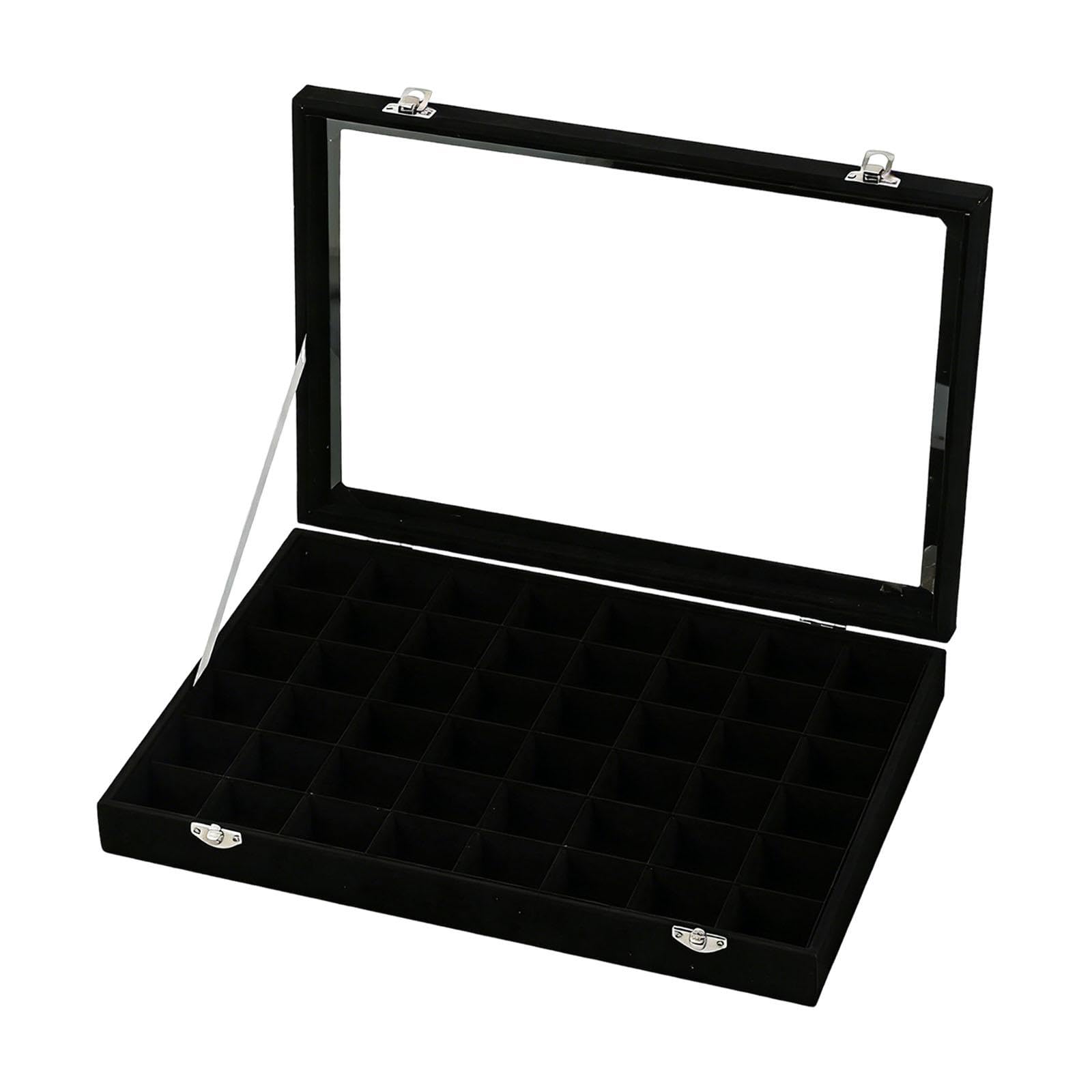 Qianly Jewelry Tray Organizer con 48 Scomparti Regolabili Porta Anelli Orecchini Collane Bracciali Custodia Robusta con Coperchio Trasparente in Tessuto, Nero