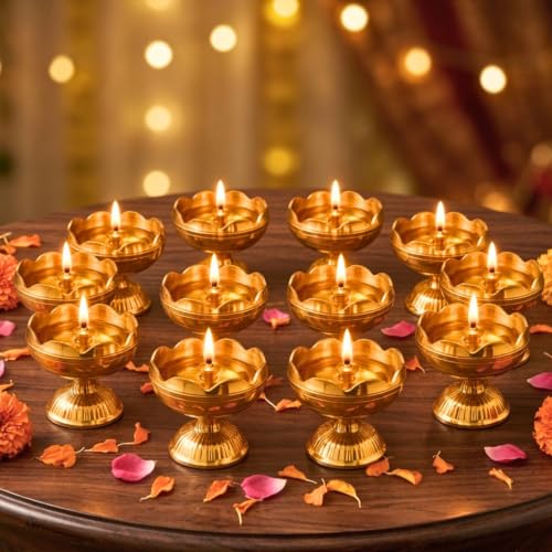 Image of Brass Diya Pure Brass Traditional Oil Puja Lamp for Temple, Mandir, Festival Decoration, Home Decor & Diwali Gift (Flower Bloom, Set of 12)