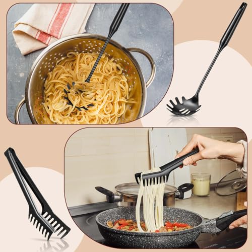 Image of Patelai Stainless Steel Spaghetti Spoon and Pasta Tongs Set, Long Handle Noodle Server Tools with Drain Holes, Non-slip Grip for Cooking, Serving Pasta and Noodles(Black)