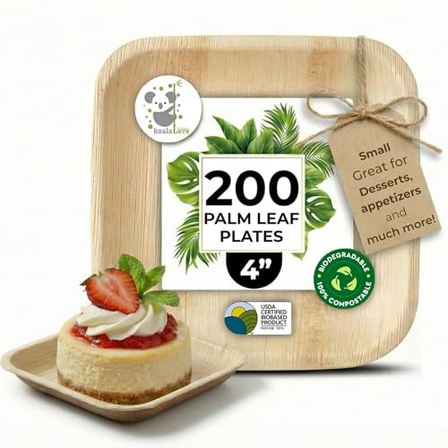 Palm Leaf Plates Bamboo Paper Disposable 4 Inch 200 Bulk Appetizer and Dessert Square Plate Party Pack Eco Biodegradable Compostable Wooden Better Than Plastic Plates By KoalaLove