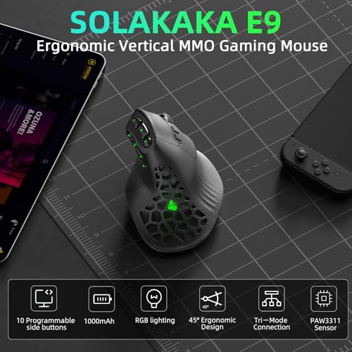 Image of SOLAKAKA E9 PRO Ergonomic Vertical MMO Mouse with 10 Side Buttons,Black | 24800 DPI,45 Vertical Grip,Tri-Mode 2.4G /BT /USB-C,RGB,Web Driver,Programmable Macros for PC /Mac