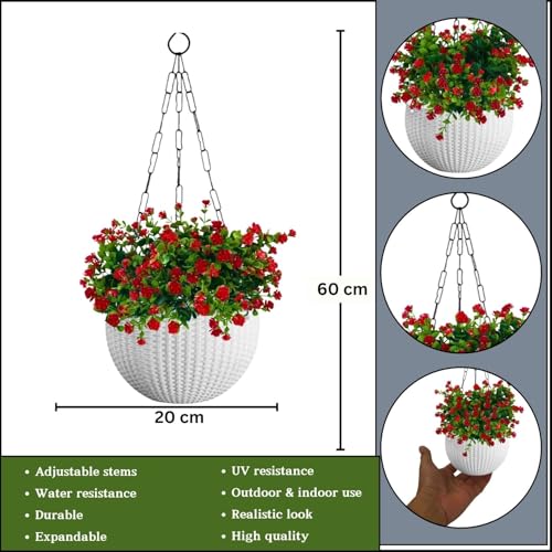 Image of Tdas Artificial Hanging Flowers with Basket Plants Leaves Home Decor for Outdoor Balcony Yard Patio Garden Porch Deck Autumn Faux Fake Realistic Spring Decoration - 60 cm (Red)