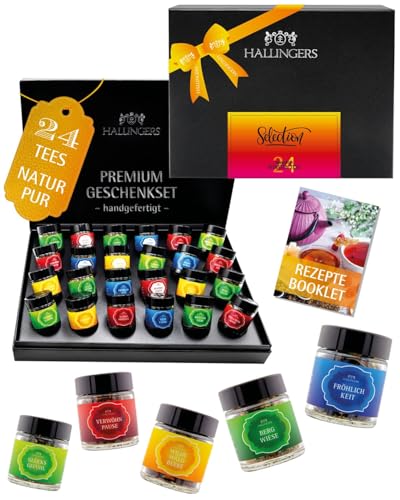 Hallingers Genuss Manufaktur Tee Geschenkset - 24 Sorten Premium loser Tee im Glas in edler Geschenkbox, vegan & glutenfrei, Tee Set Selection Probierset, Geschenkidee für Frauen, auch Weihnachten
