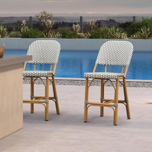 PURPLE LEAF Outdoor Counter Height Bar Stools Set of 2 25" French Country Patio Rattan Bar Stool Chairs with Teak Print Finish Outdoor Armless Barstools for Porch Garden Indoor Kitchen, Grey