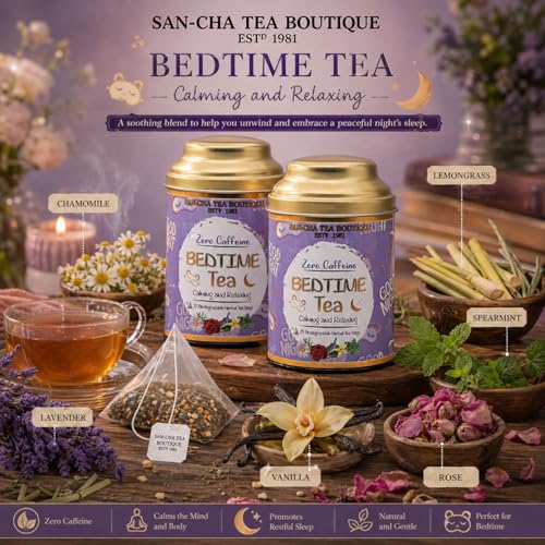 Image of Sancha Tea Boutique, Bedtime Tea, Caffeine Free Herbal Tisane, 25 Pyramid Bags, For Stress Relief & Good Sleep, Blend Of Real Vanilla, Lavender, Rose & Chamomile Flowers (Pack of 2)