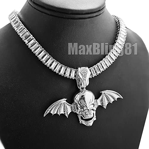 White Gold plated Avenged Sevenfold Skull Flying Bat Wings Charm Pendant & 10mm 18" 20" 24" Iced Baguette Chain Necklace2