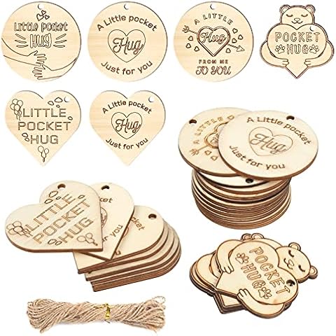 24PCS Little Pocket Hug, Wooden Pocket Hug Heart Token with Hole Rope Pocket Hug Gifts Big Hugs Gifts for Friend Family Christmas DIY Keyrings Cover