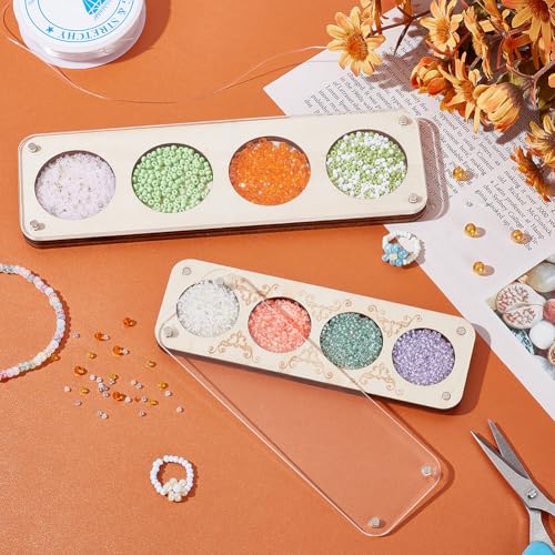 Image of AHANDMAKER 2Pcs Wooden Jewelry Storage Tray with Glass Lid 2 Sizes Wood Bead Board with Lid 4 Slot Old Lace Bead Storage Organize for Beads, Bracelets, and Small Accessories