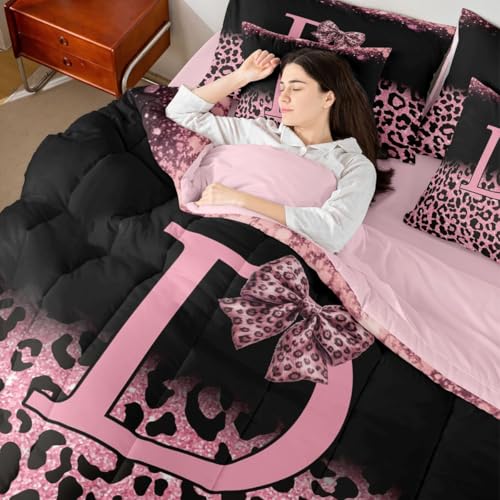 Image of Feelyou Bow Initial Letter D Comforter Set with Sheets 7 Piece Full Size Glitter Leopard Print Bedding Set for Kids Boys Girls Girly Bow Bed in a Bag Room Decor Soft Lightweight Microfiber